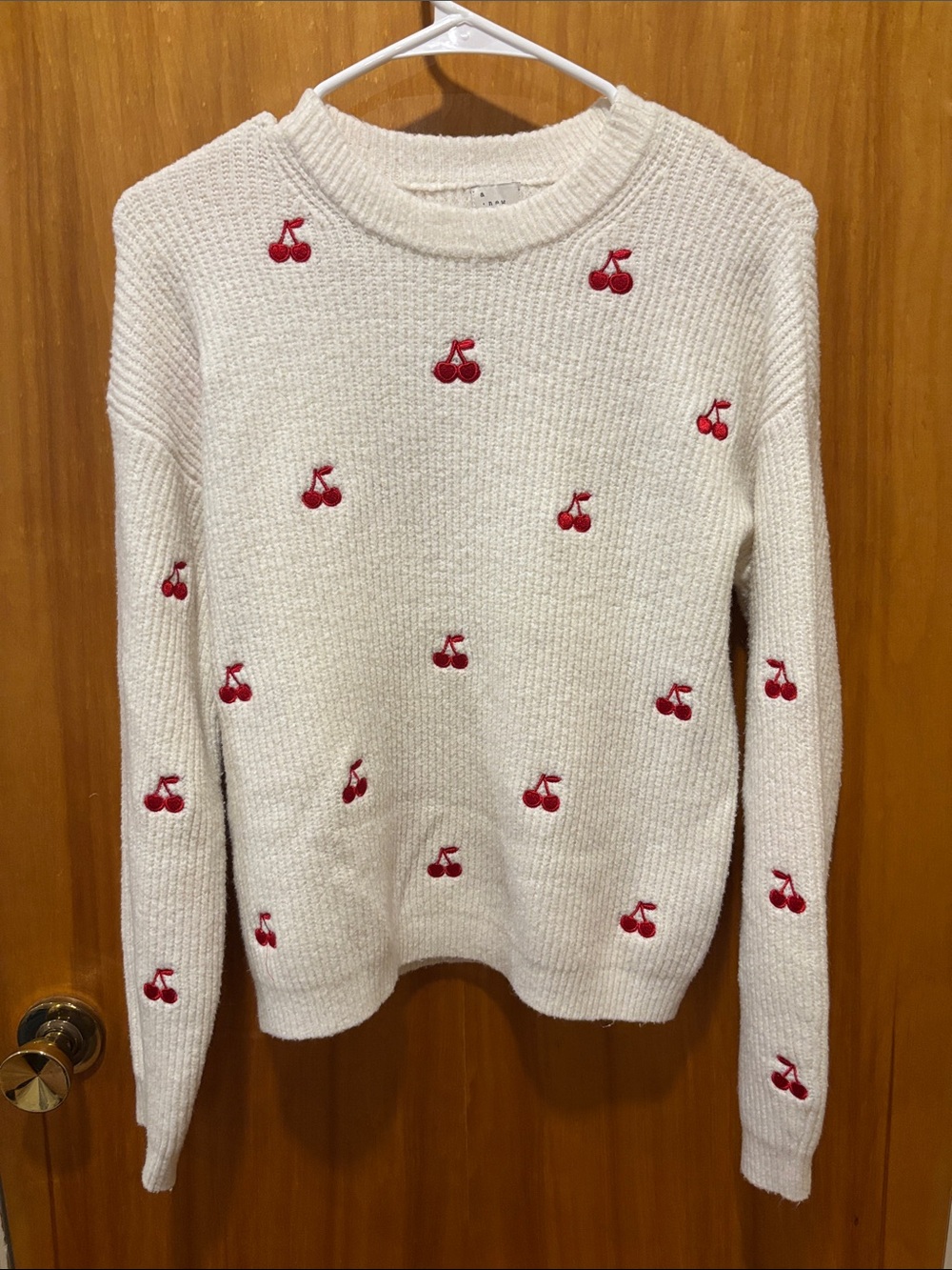 a new day Cream Sweater with Red Cherry Embroidery